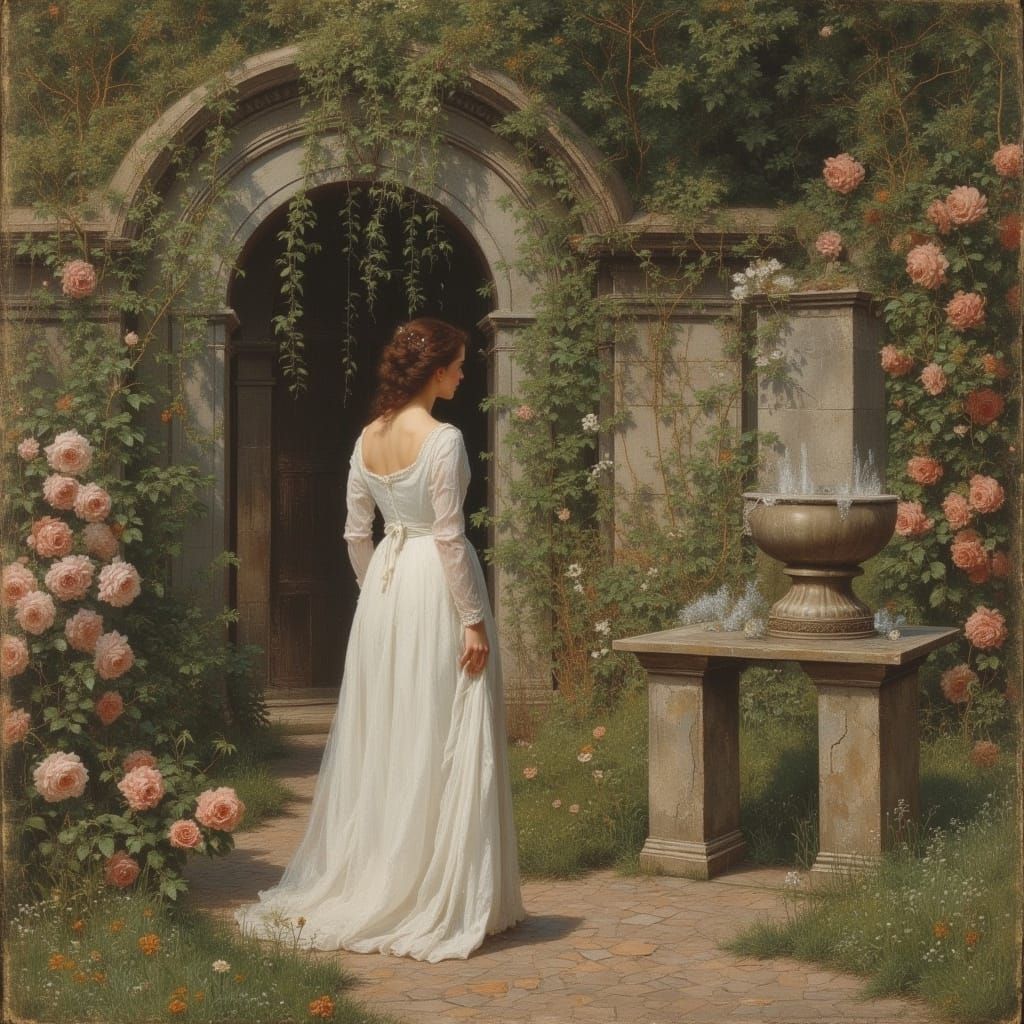 <lora:Concelo:1.0> in the style of an ancient shroud, depict a romantic 19th century French garden scene in the style of Alexandre-Evariste...