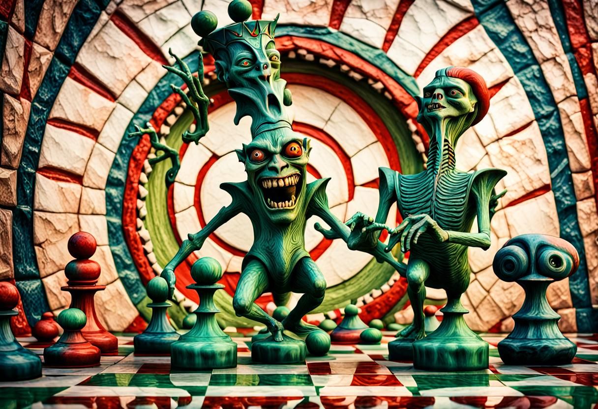 two crazy jesters laughing, H.R. Giger, psychedelic 3D chess...