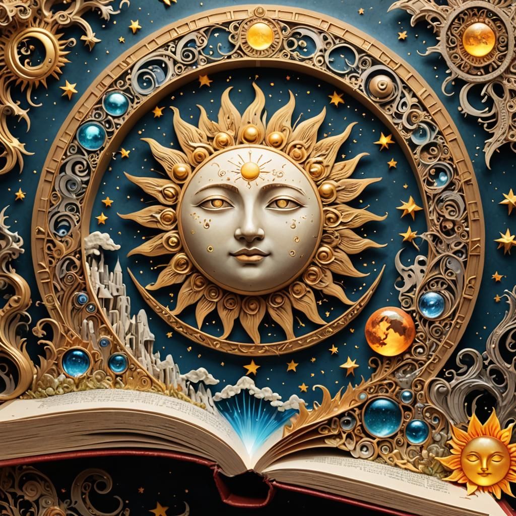 A book with a sun and moon creating a fantasy world from wit...