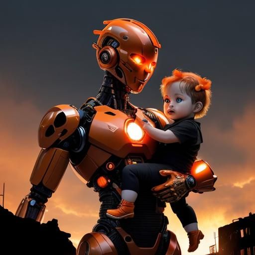 Humanoid Cyborg Rescues Child From Disaster Ai Generated Artwork