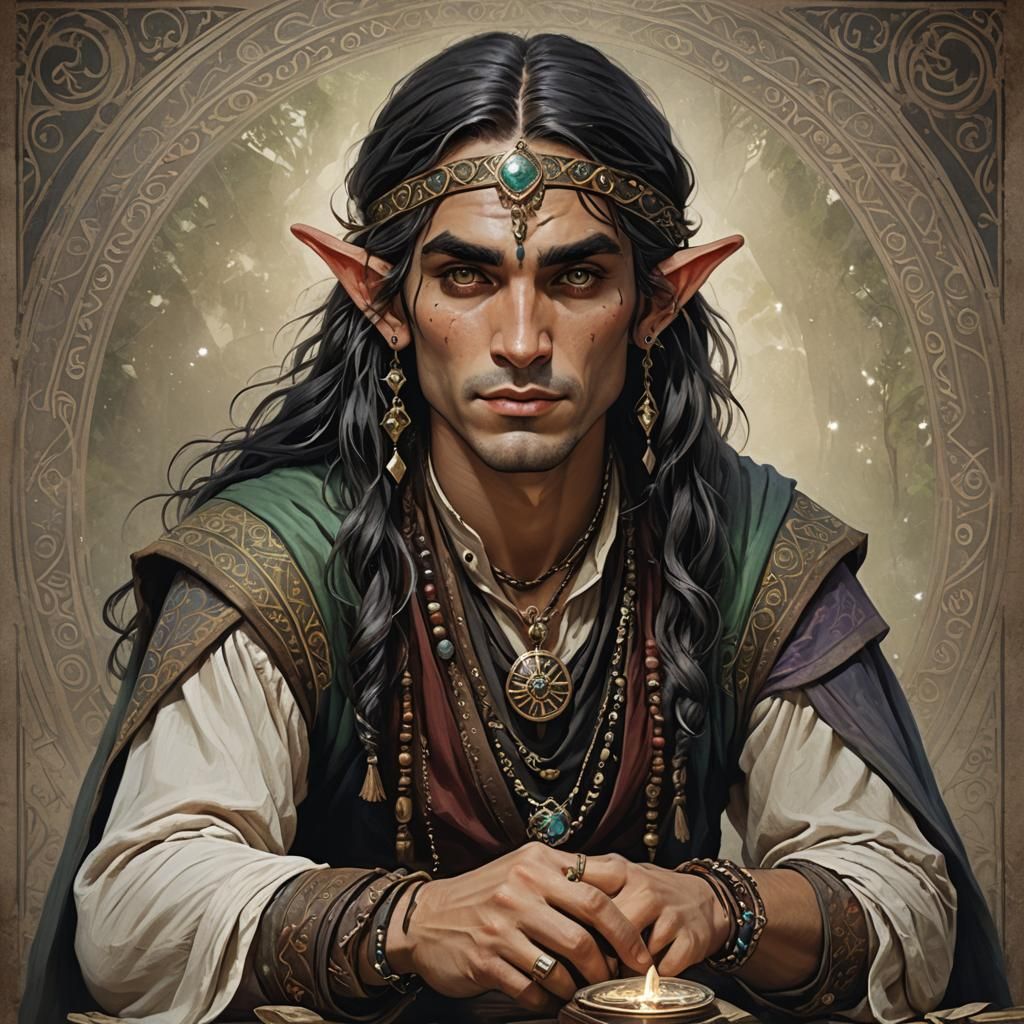 Male elf gypsy fortune teller high fantasy