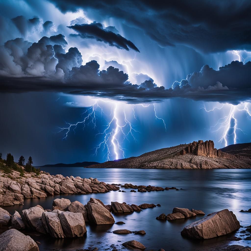 A dramatic landscape with a thunderstorm in the sky. The sky is filled with dark clouds and lightning bolts. The lightning bolts spell out "...