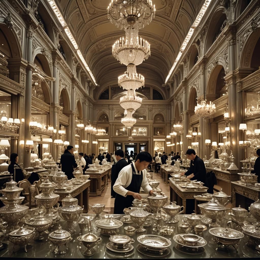 Luxurious Silverware Hall Interior with Ornate Tables