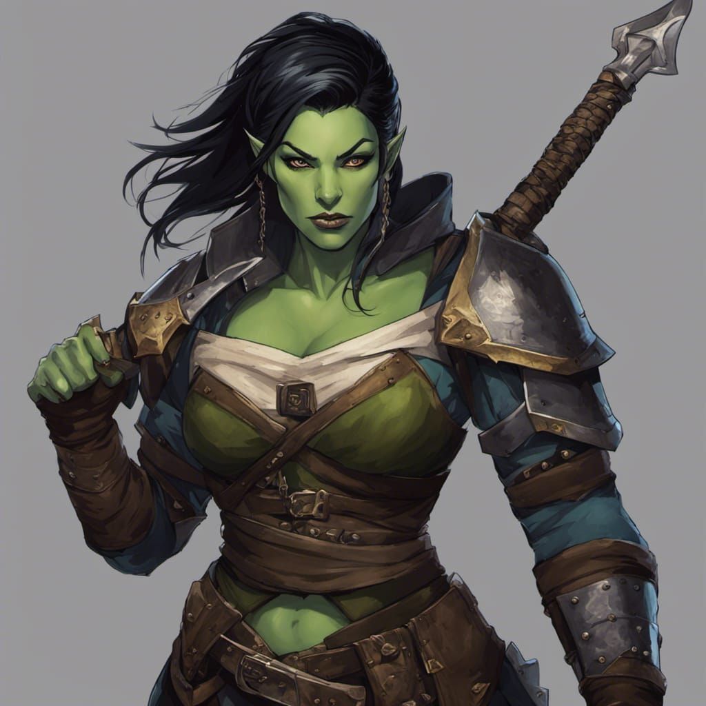 female half-orc, tall, strong, greatsword, black hair, long pointy ears ...