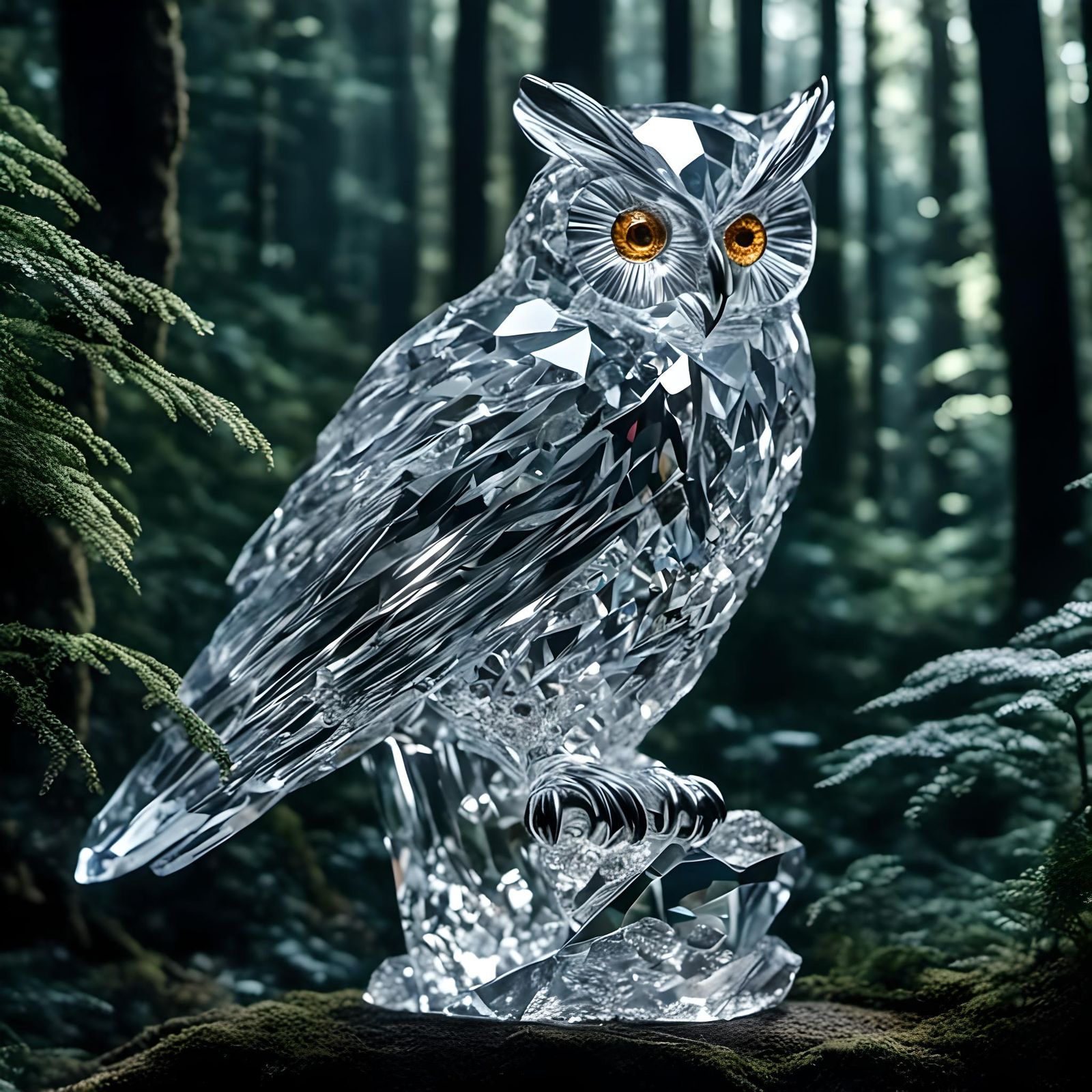 Living cut crystal owl perched in a forest at night, fierce, sharply ...