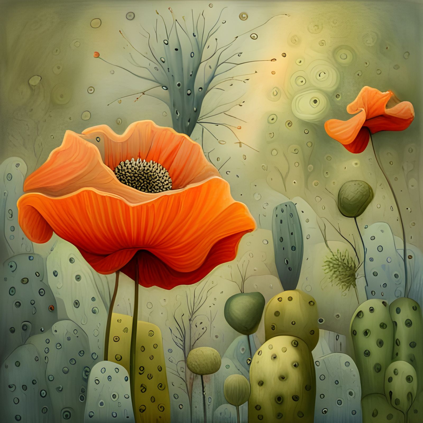 """botanical drawing,orange poppy,cactus, colored ink drawing, pale colours, high detail,intricately ...  by @Cassie Peters