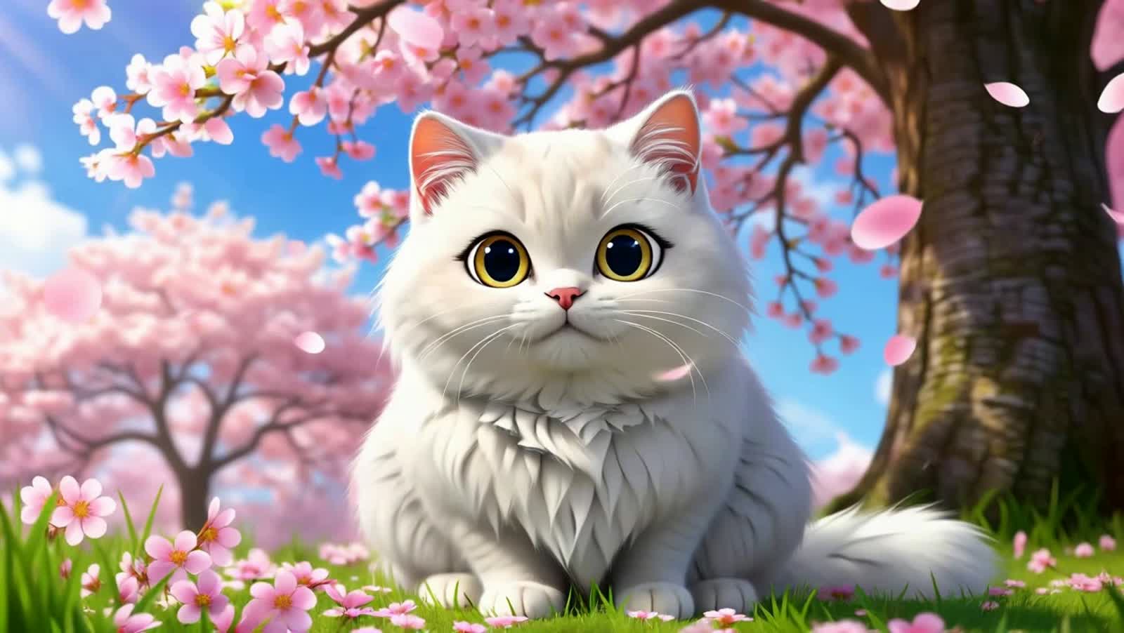 a cute, fluffy anime kitten with large eyes sitting amongst cherry blossoms. The artwork features soft lighting and a ge...