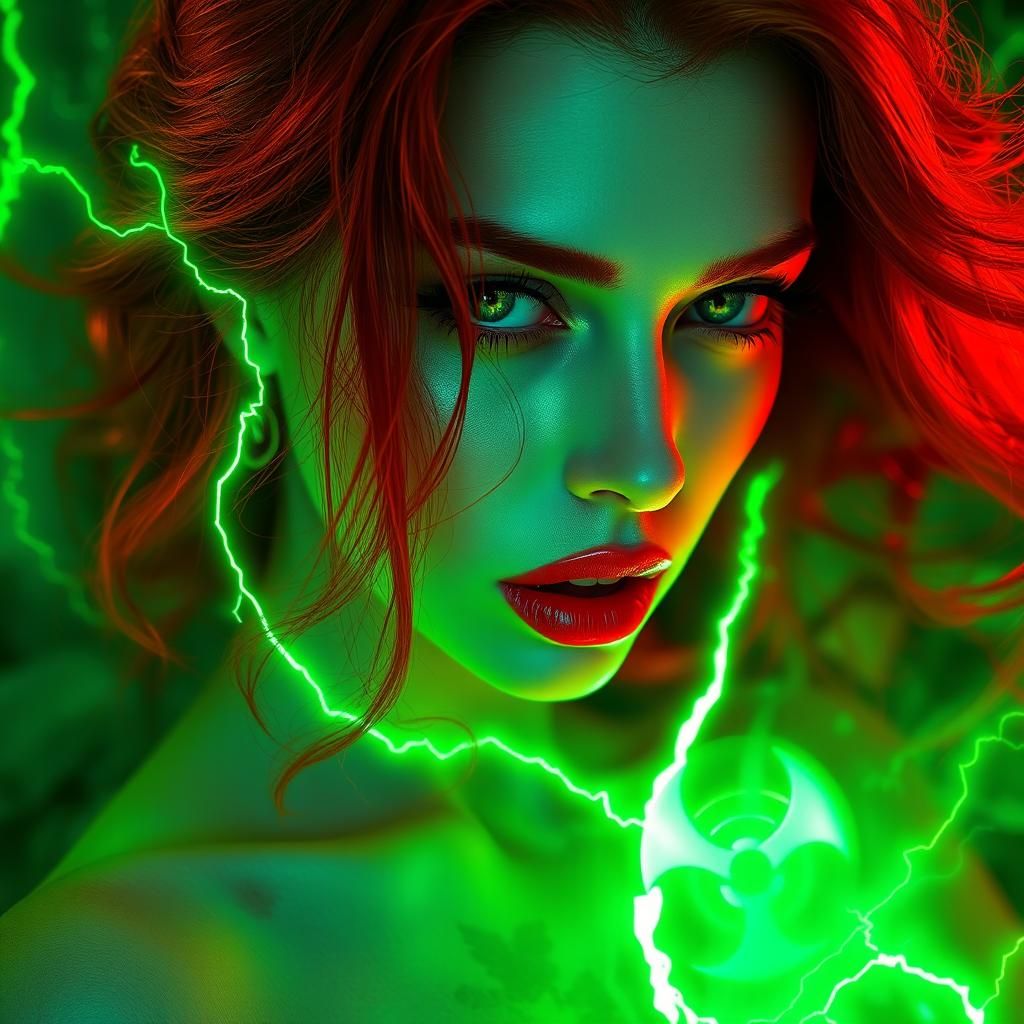 Poison and acid elemental woman, extraordinarily beautiful, poison ivy, green eyes with red hair and lips, biohazard waste glowing 