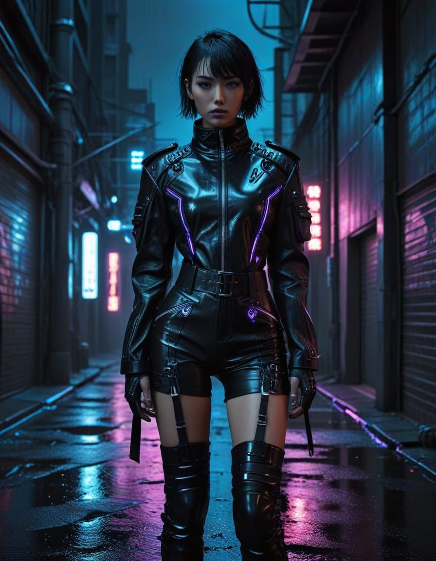 Cyberpunk Girl in Black Leather Serafuku, Neon-Lit Alley