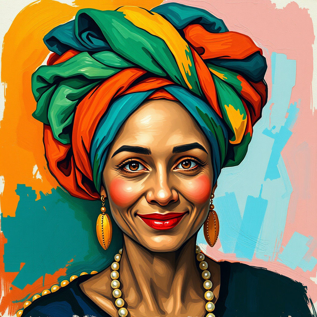 a portrait of a person wearing a bold, colorful turban