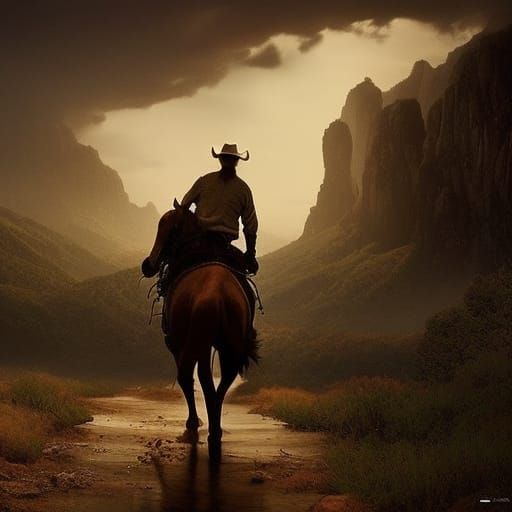 A lone cowboy riding off into the distance with his back to ...