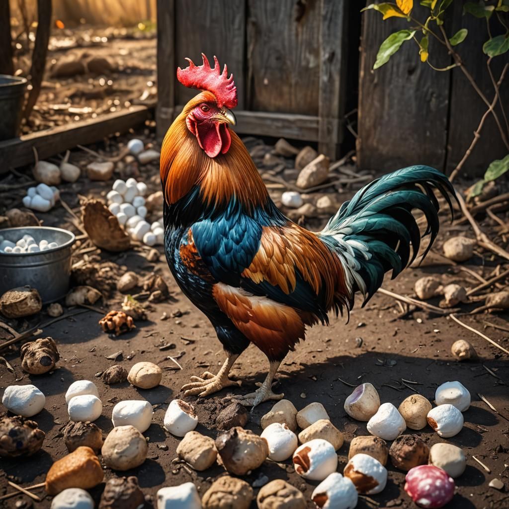 Hyperrealistic Rooster Eats Marshmallow with Toads