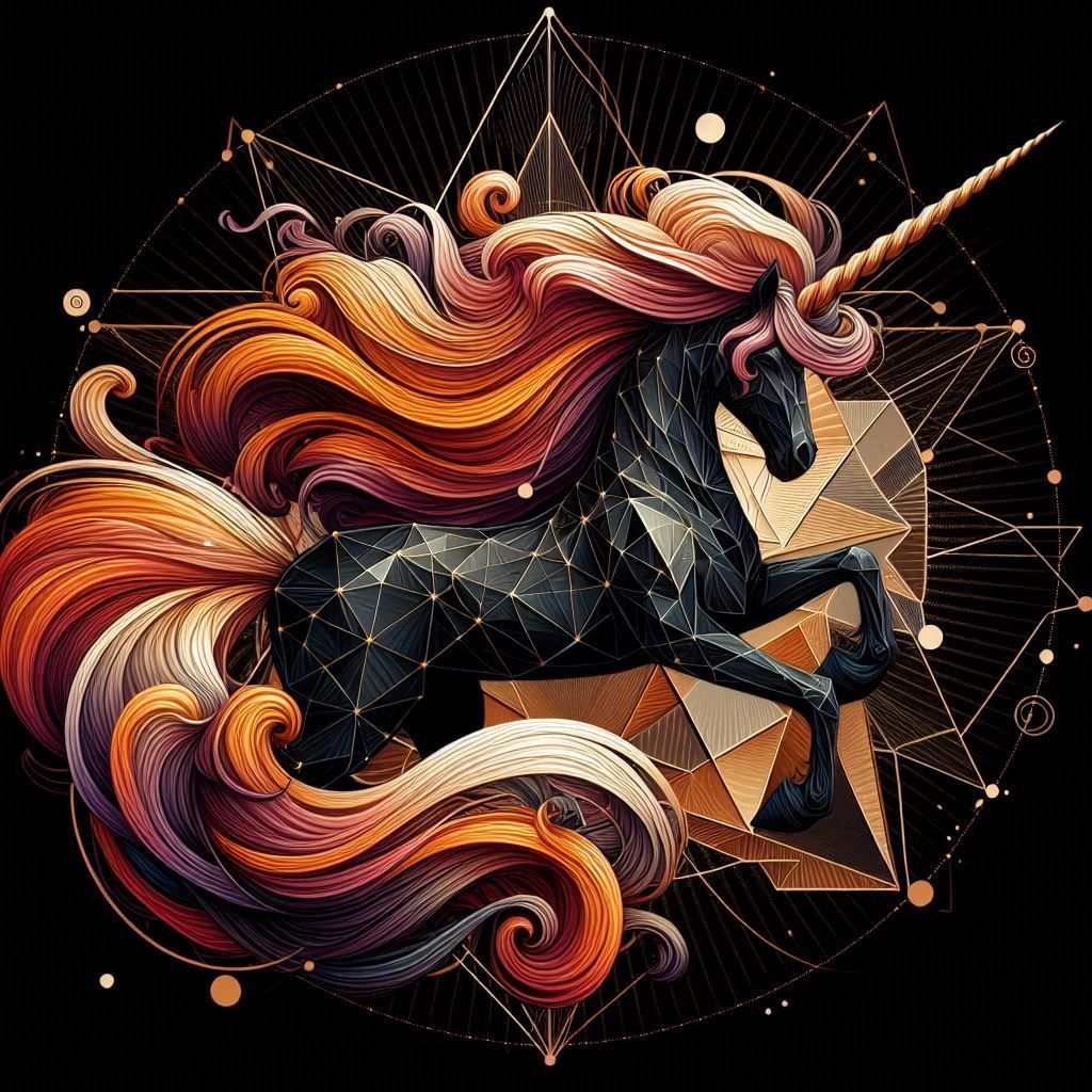 Black Unicorn with fiery, fierce rust orange and gold hair