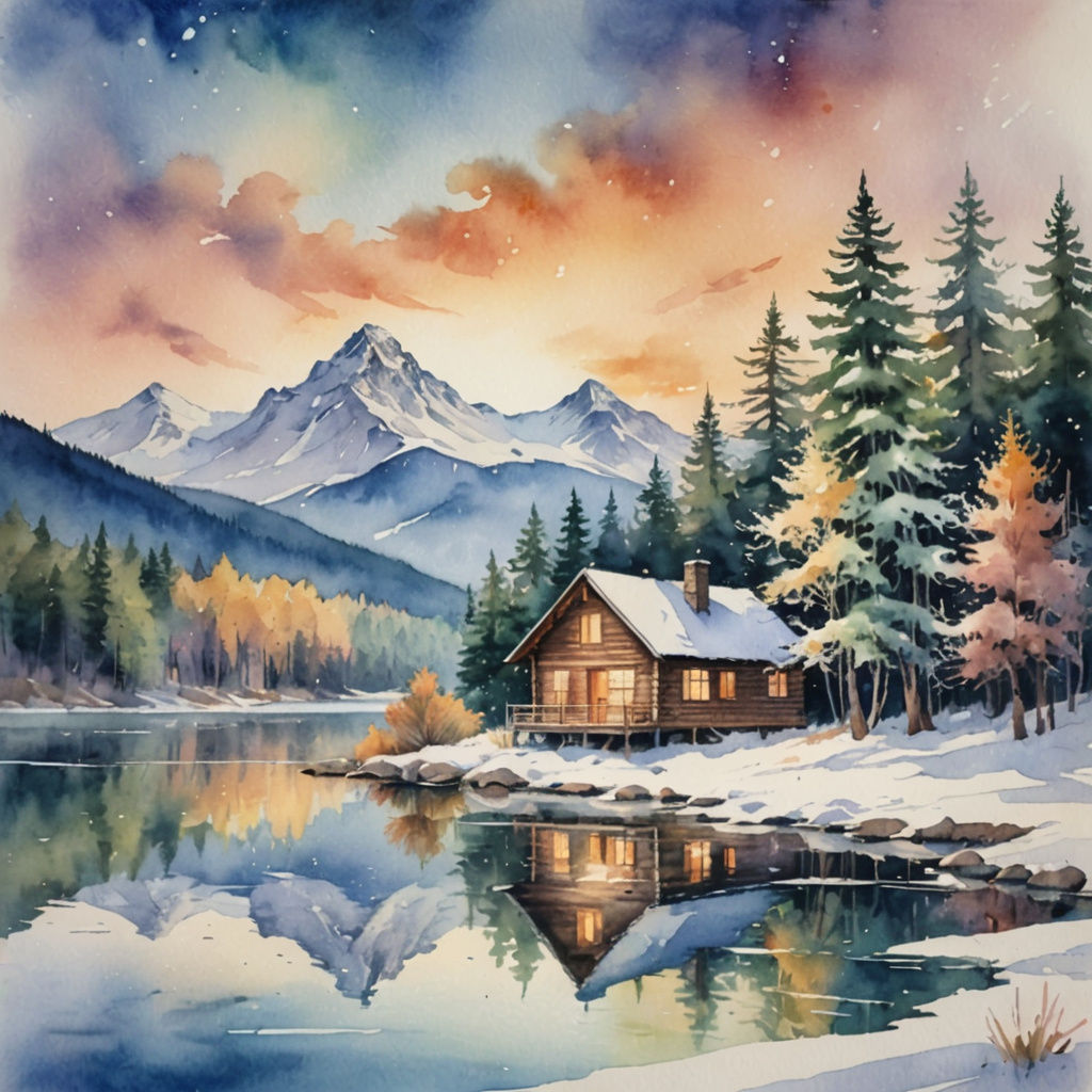 A large cabin by a lake, forest, trees, snow capped mountain in the background, ethereal impressionistic heavenly magical watercolor modern 