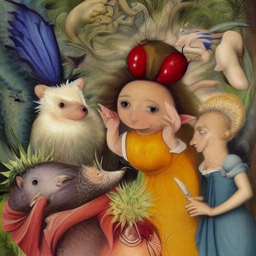 The hedgehogs sang in unison
Their tune was simple
But strange
Like a ringing in misty fields 
Caricatures by Filippo Lippi and Juan Miro