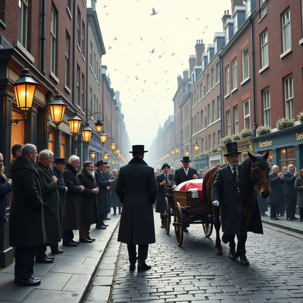 <lora:A Dickensian Xmas:0.6> a funeral cortege passes through the town with passers by paying respect