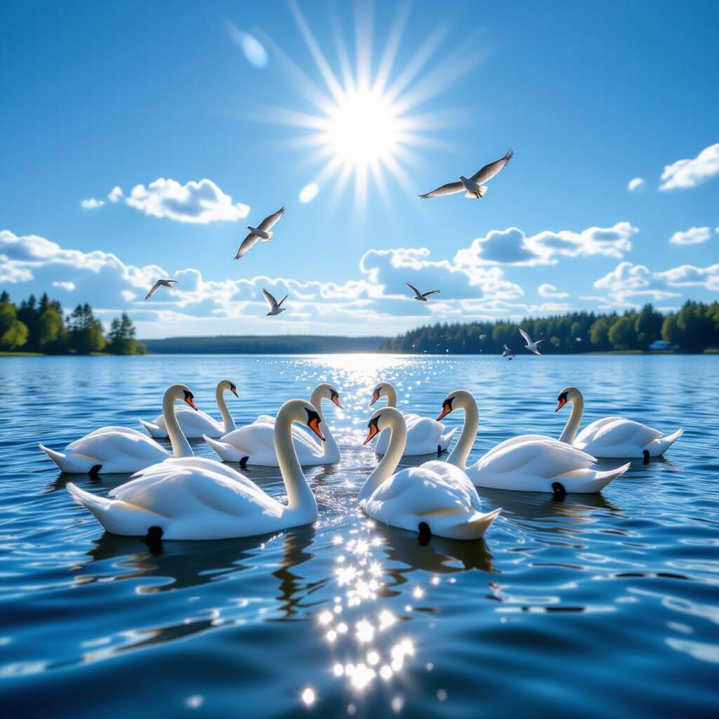 Serene Lake with Swans in Natural Light
