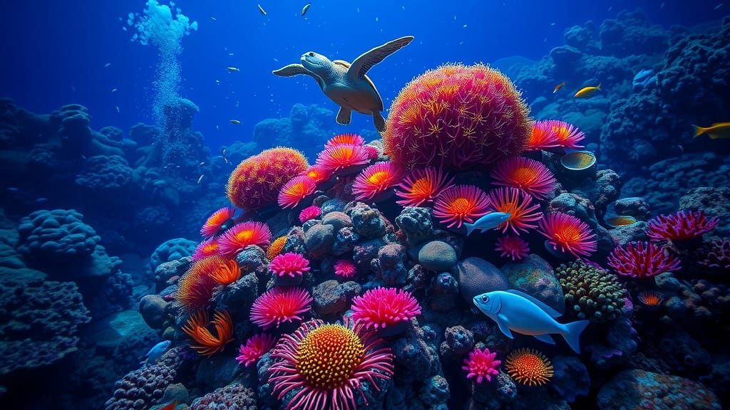 A vibrant coral reef teeming with fish, sea turtles, and glowing anemones.  by @KOSH