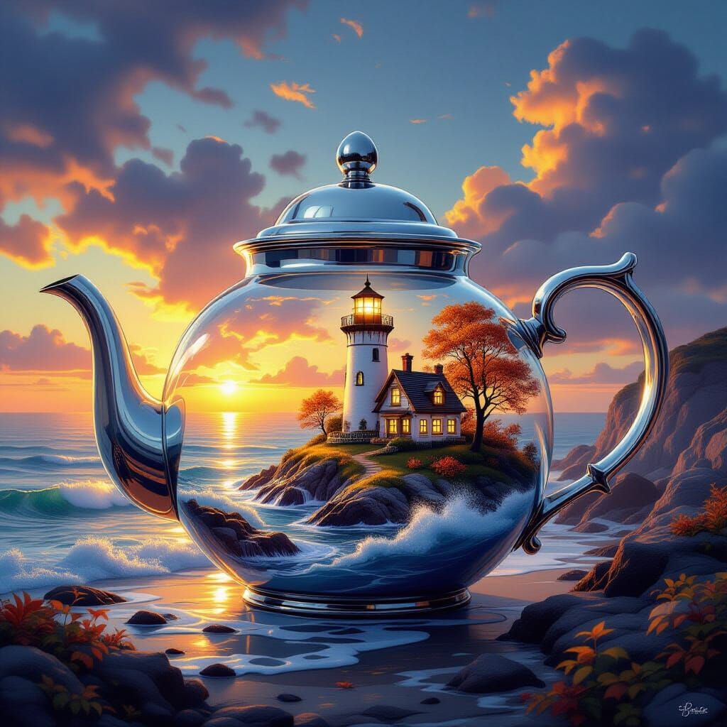 A whimsical and surreal scene of a silver teapot transformed into a miniature world. Inside its glass ...  by @ErinBergum