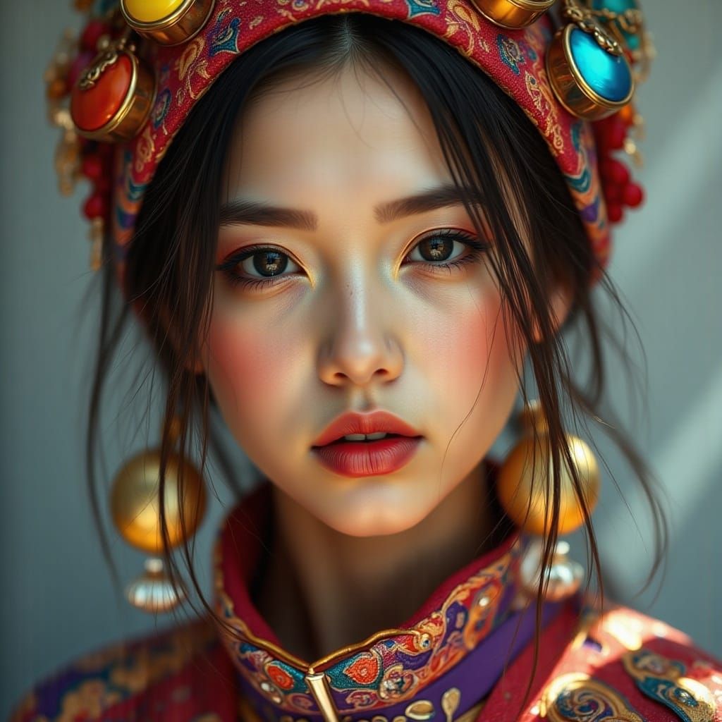 Hyperrealistic portrait of a beautiful woman wearing intricately detailed colorful clothing and futuristic jewelry. <lora:HyperPhotoRealism:...