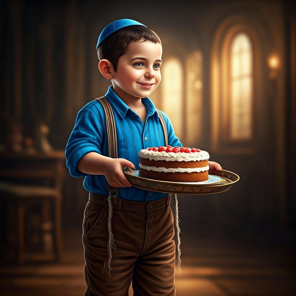 Haredi Boy Holds Delightful Cake in Warm Atmosphere