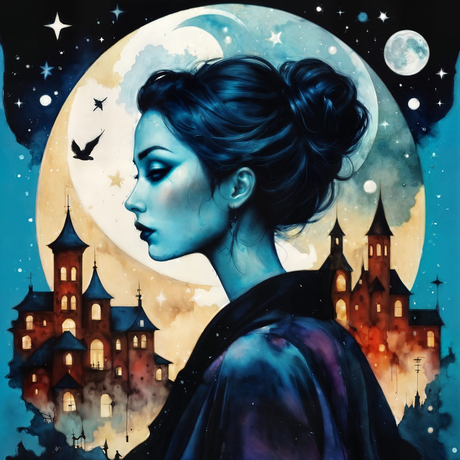 Steampunk Goth Goddess Silhouette in Starry Night