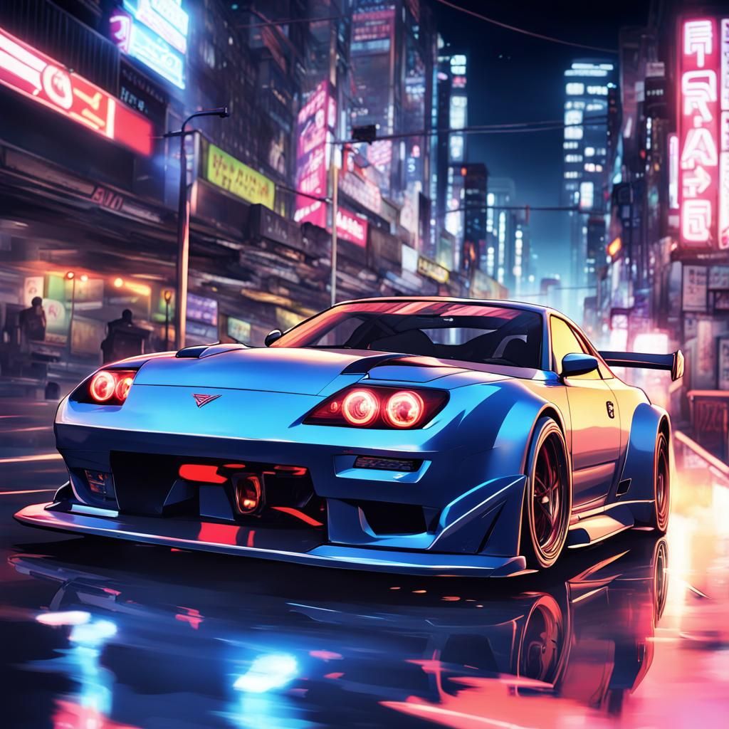 Anime-style street racer, neon-lit city, fast cars, drifting ...