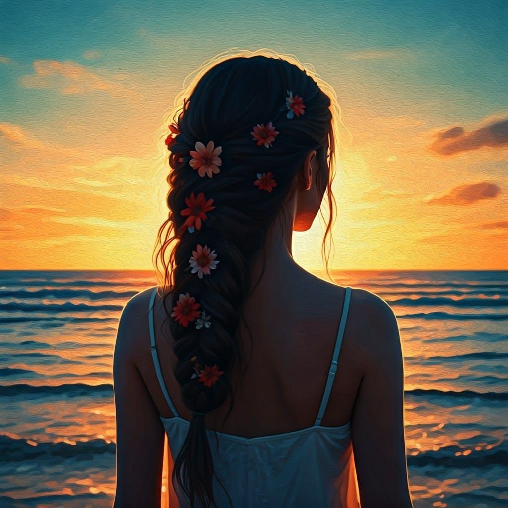 Woman with Flowers at Sunset, Gouache Style