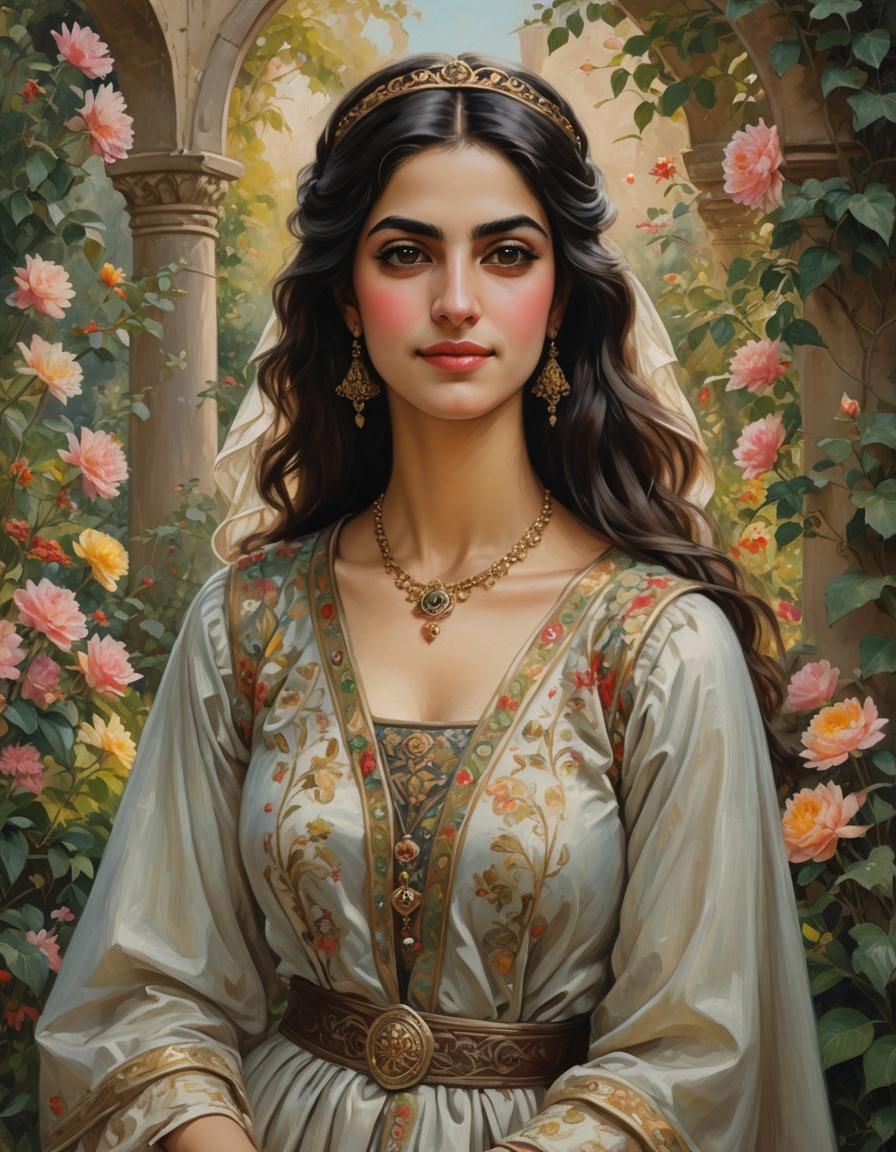 A beautiful young Persian Princess, in a garden, shy smile, ...