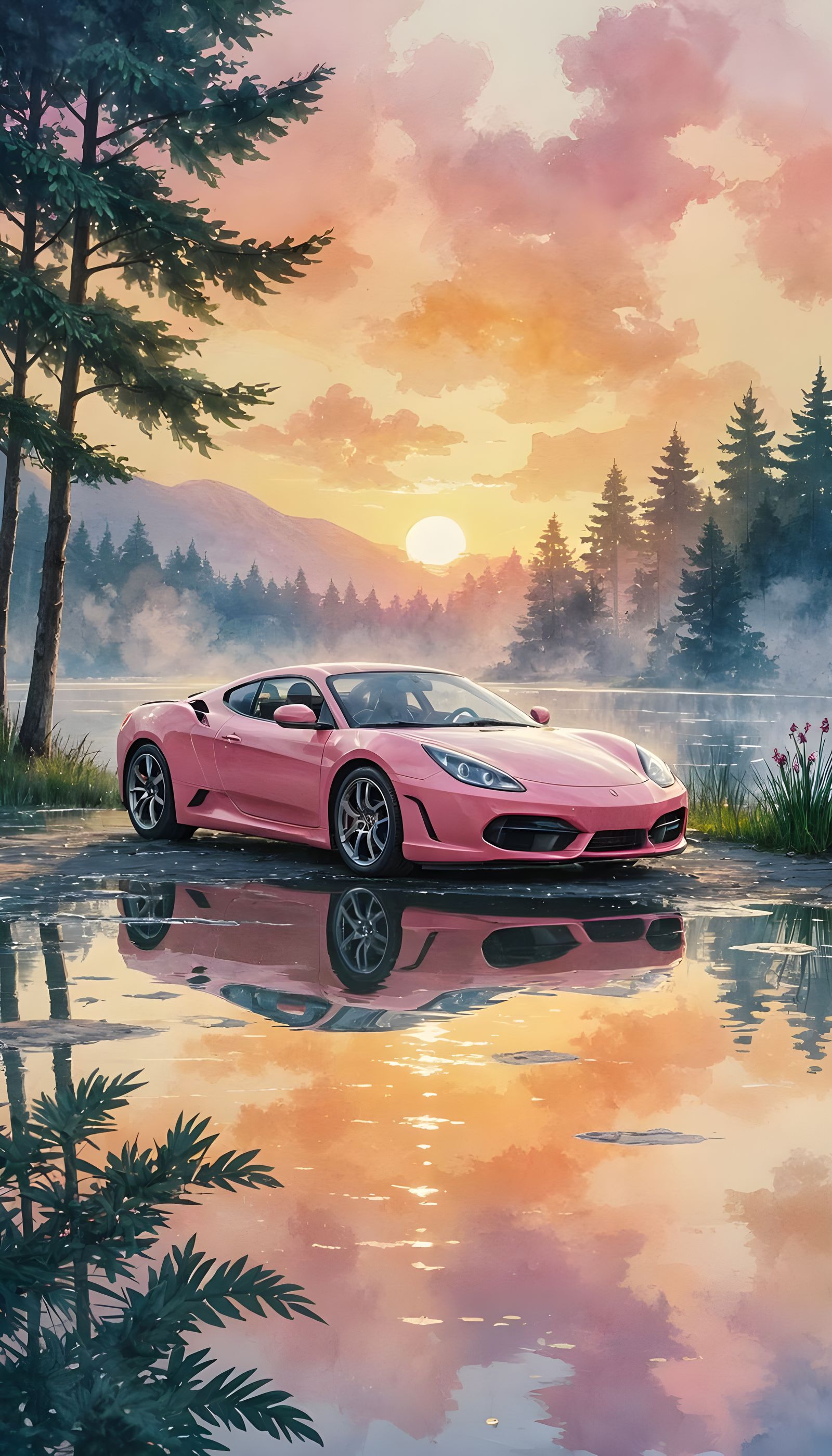 Serene Pink Sports Car by Misty Lake at Sunrise