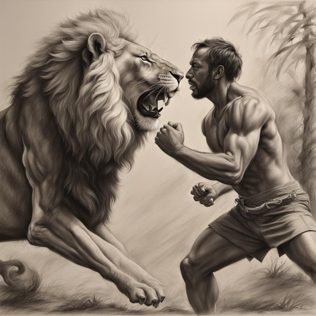 Sampson fighting a lion with his bare hands hyperdetailed charcoal ...