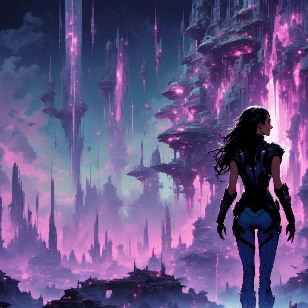 Barbarella watching a rain of lights, back view  ; mist and ...
