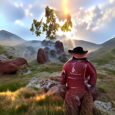 A cowboy looks off into the distance at giant mountains and ...
