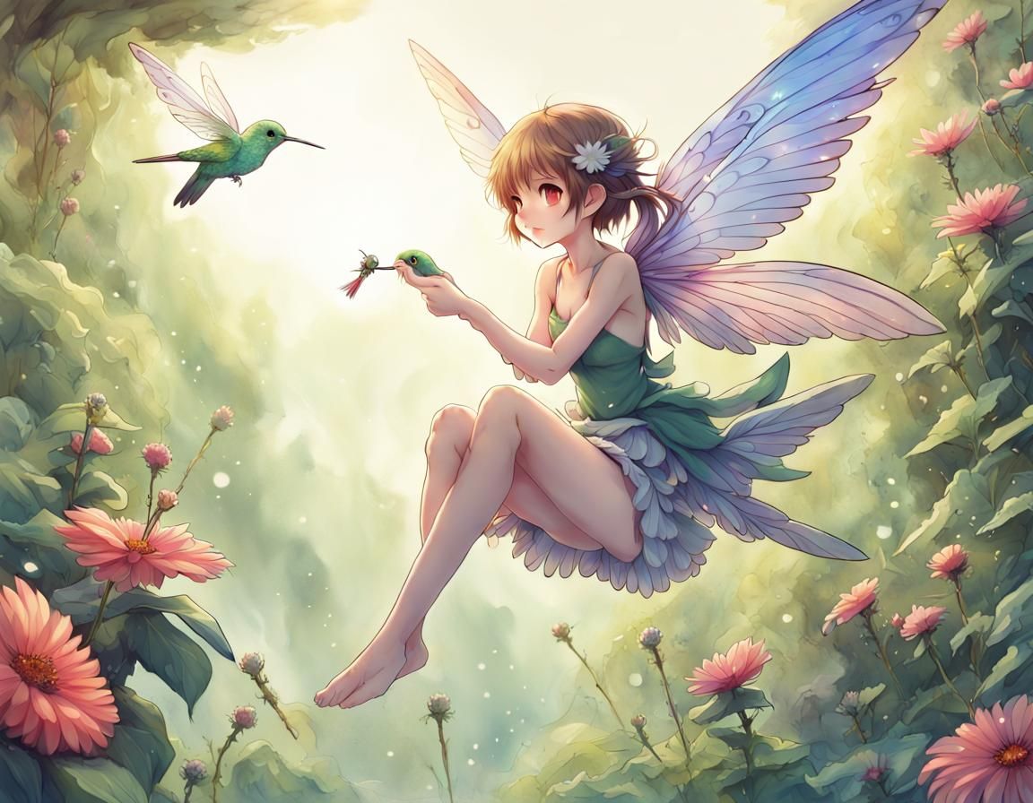 a Fairy riding a hummingbird, cute, hyperdetailed, by artist "anime ...