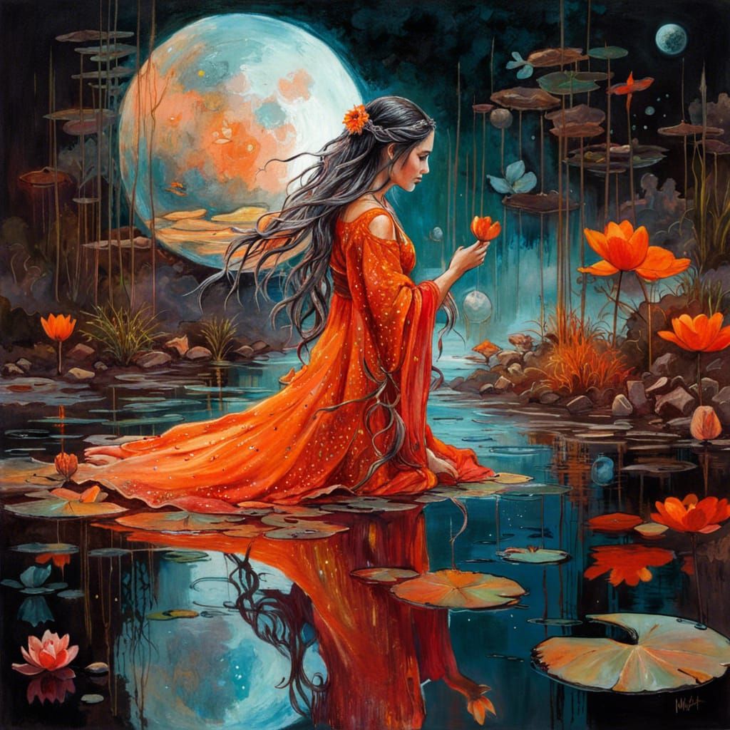 Bioluminescent Moon Goddess in Mirrored Reflection