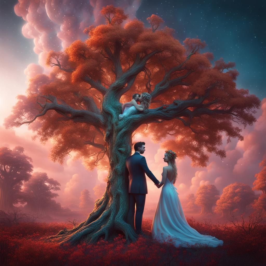wedding couple like trees hugging in a 3d universe