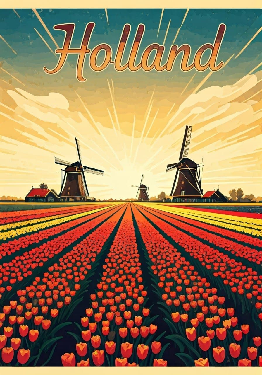 Dutch Tulip Fields in Post-Impressionist Style