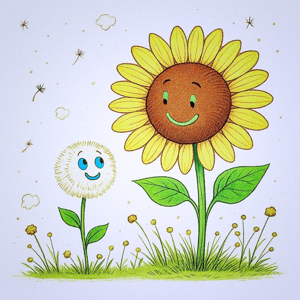 a tiny puffy dandelion looking up to a large expansive sunfl...