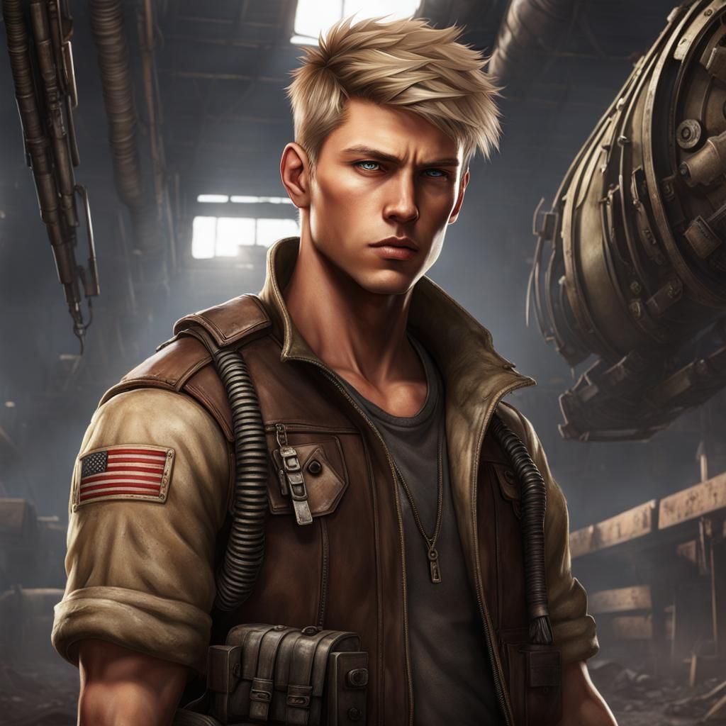 Short, muscular, dark blonde hair, wasteland mechanic male t...