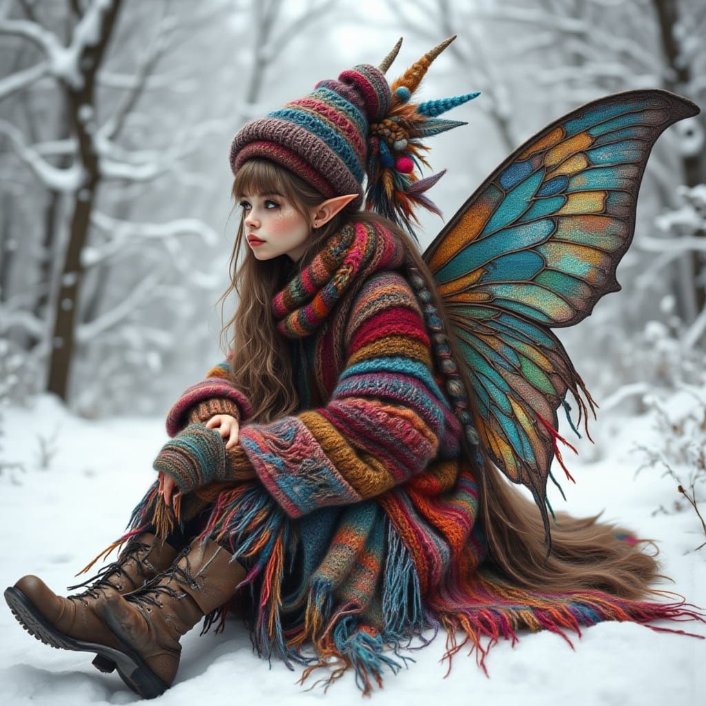<lora:kak-ModernFairy:1.0>gypsy Fairy with modern wool colorful oversized dress and punk boots sitting in the snow