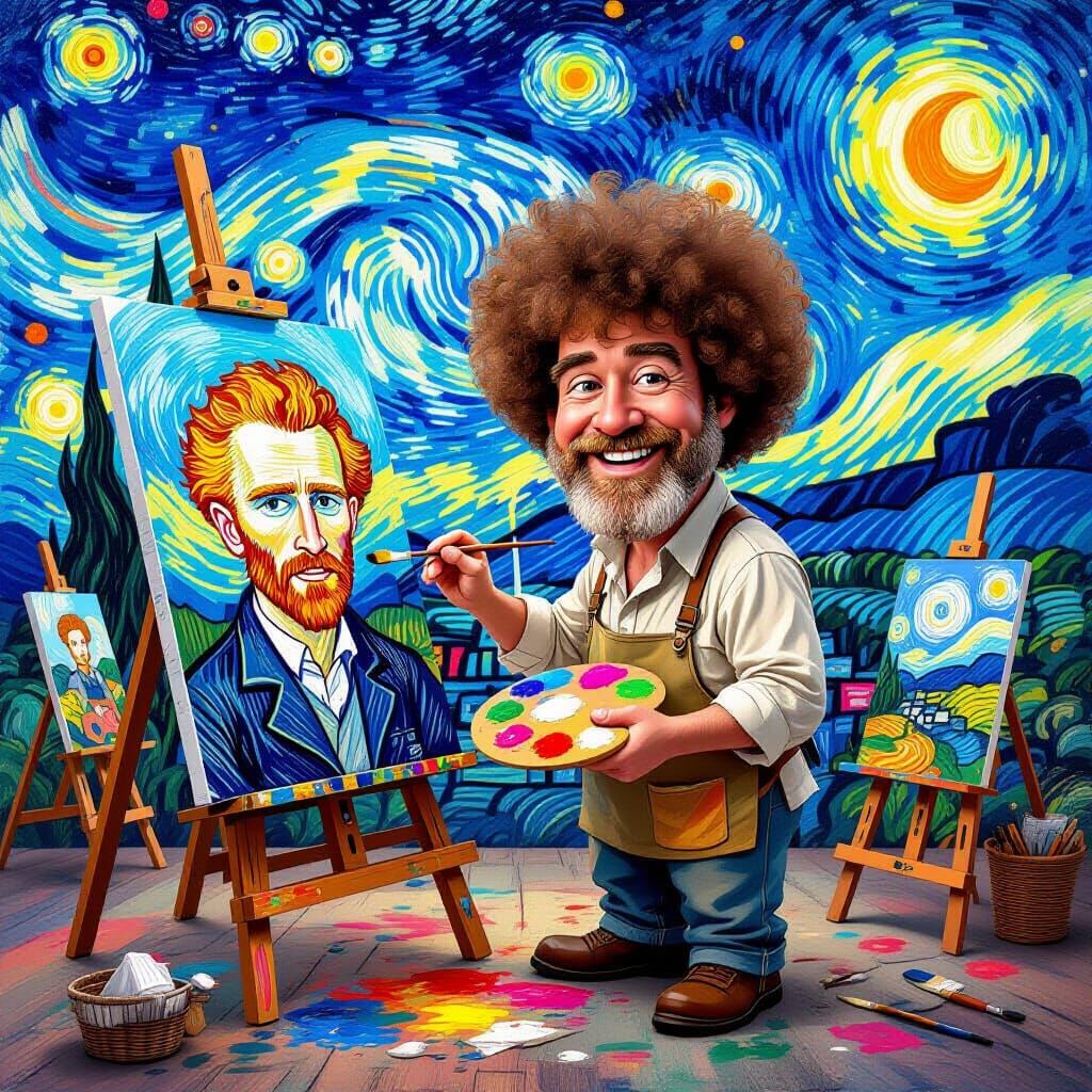 Caricature of Bob Ross Painting a Caricature Portrait of Vincent Van Gogh  by @Kim