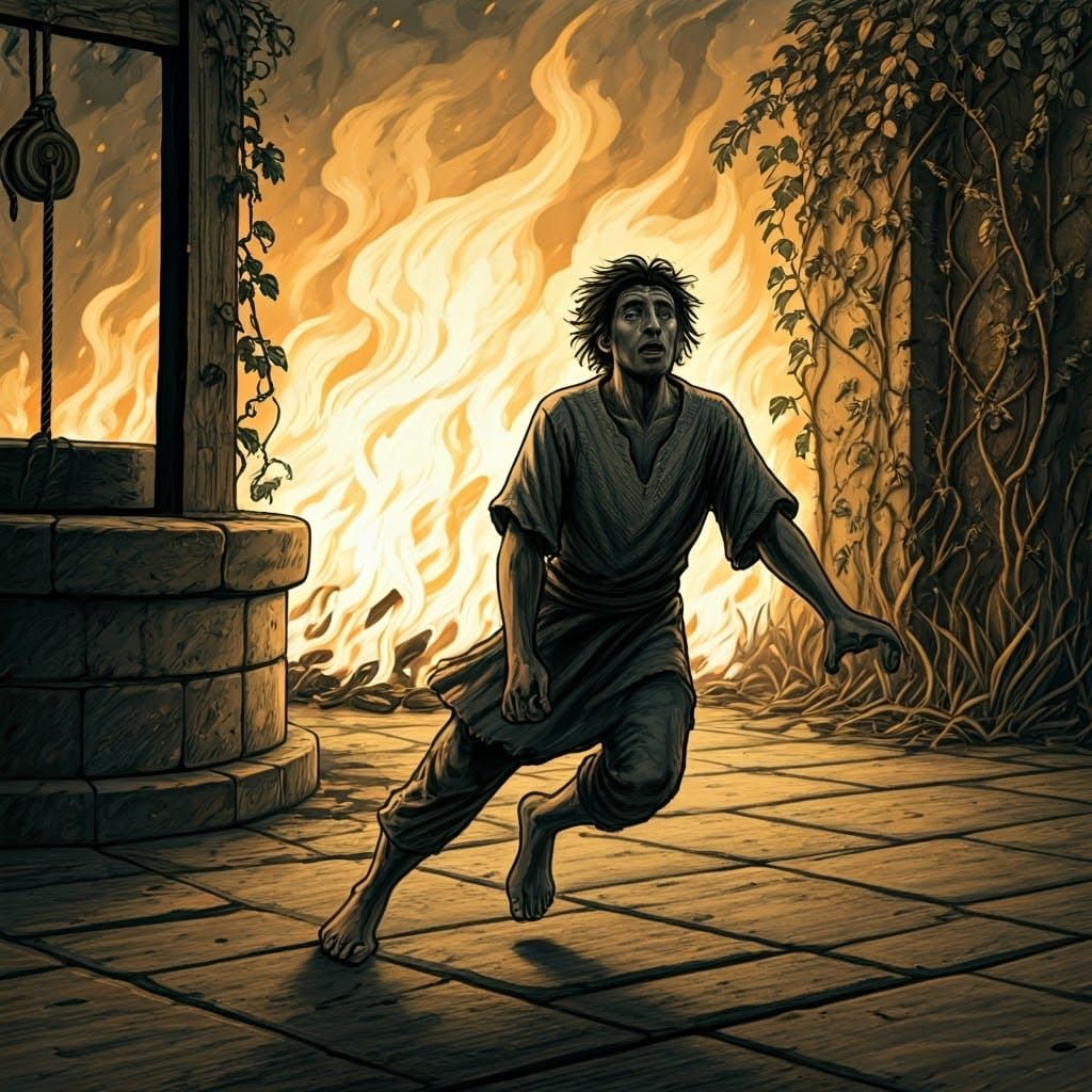 Frantic Figure Battles Flames in Unfamiliar Courtyard