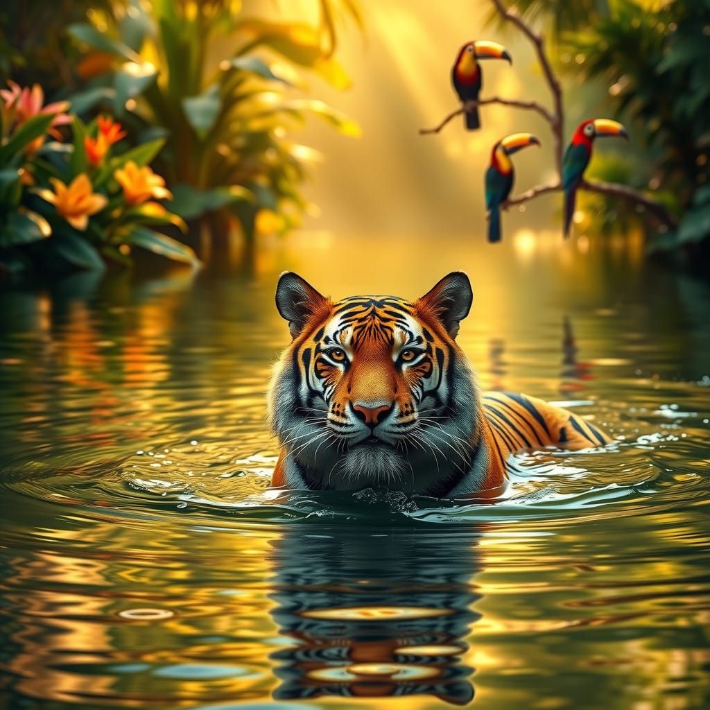 A Tiger Swimming in a lake.   by @Johnny Fish