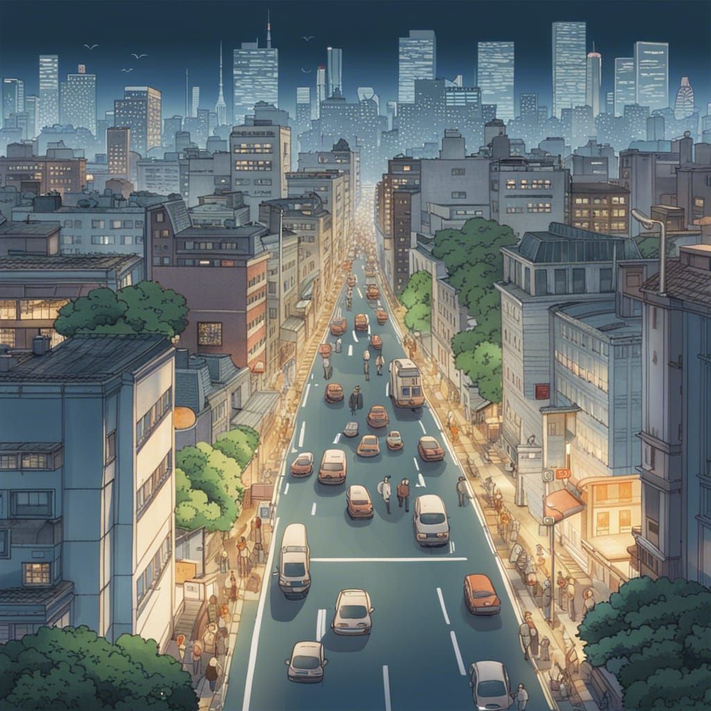 an illustration by Hideki Mori of a wide view of the city of Tokyo ...