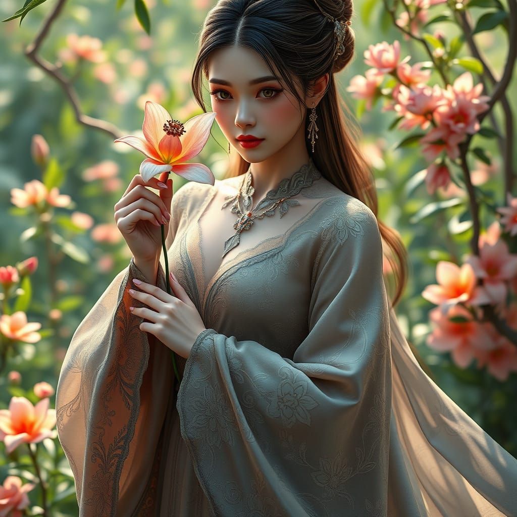 Ethereal Beauty Awakens Nature's Splendor in Elegant Gown