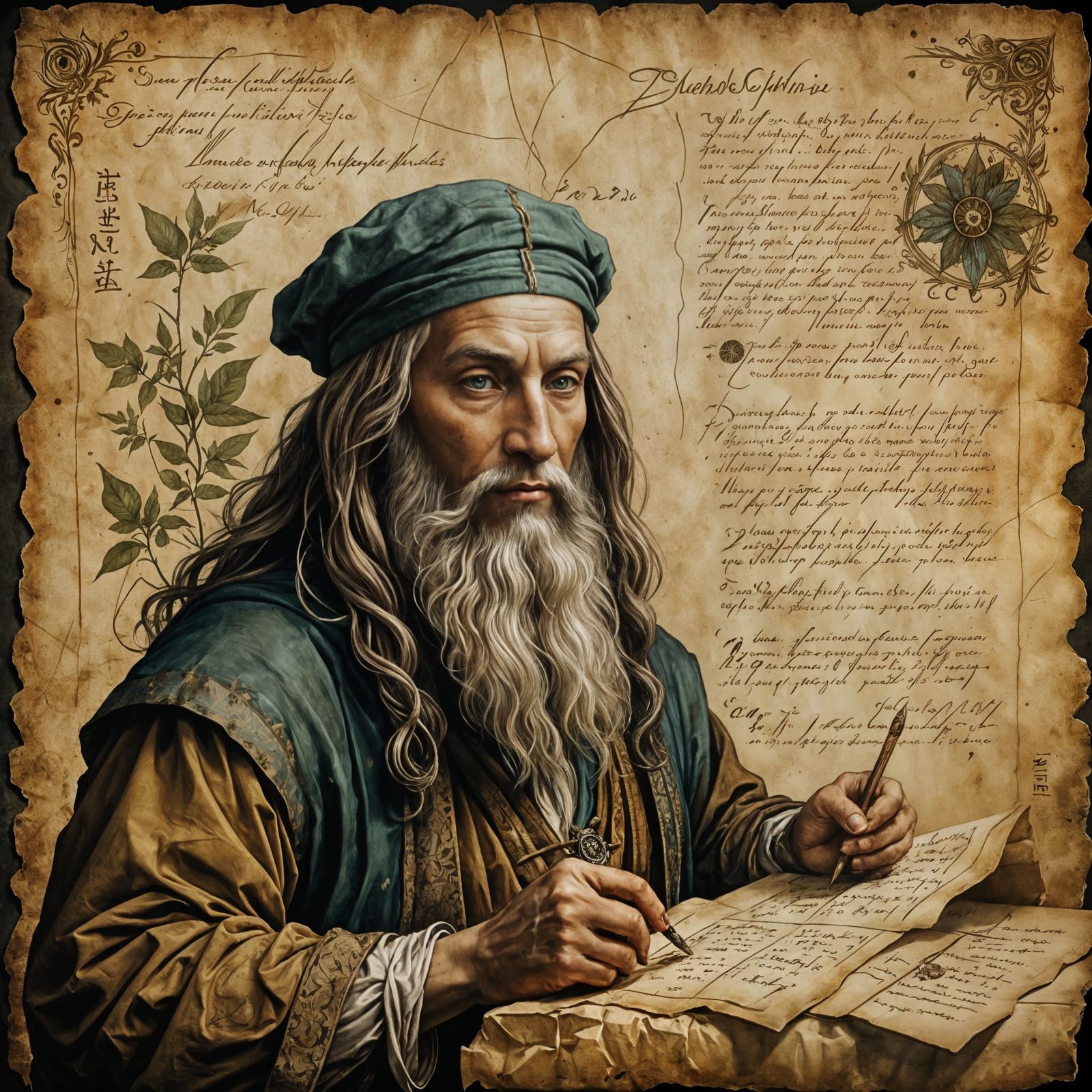 old worn and dirty parchment with herbalist's handwritten notes in the style of Leonardo da Vinci, it ...  by @Alvija