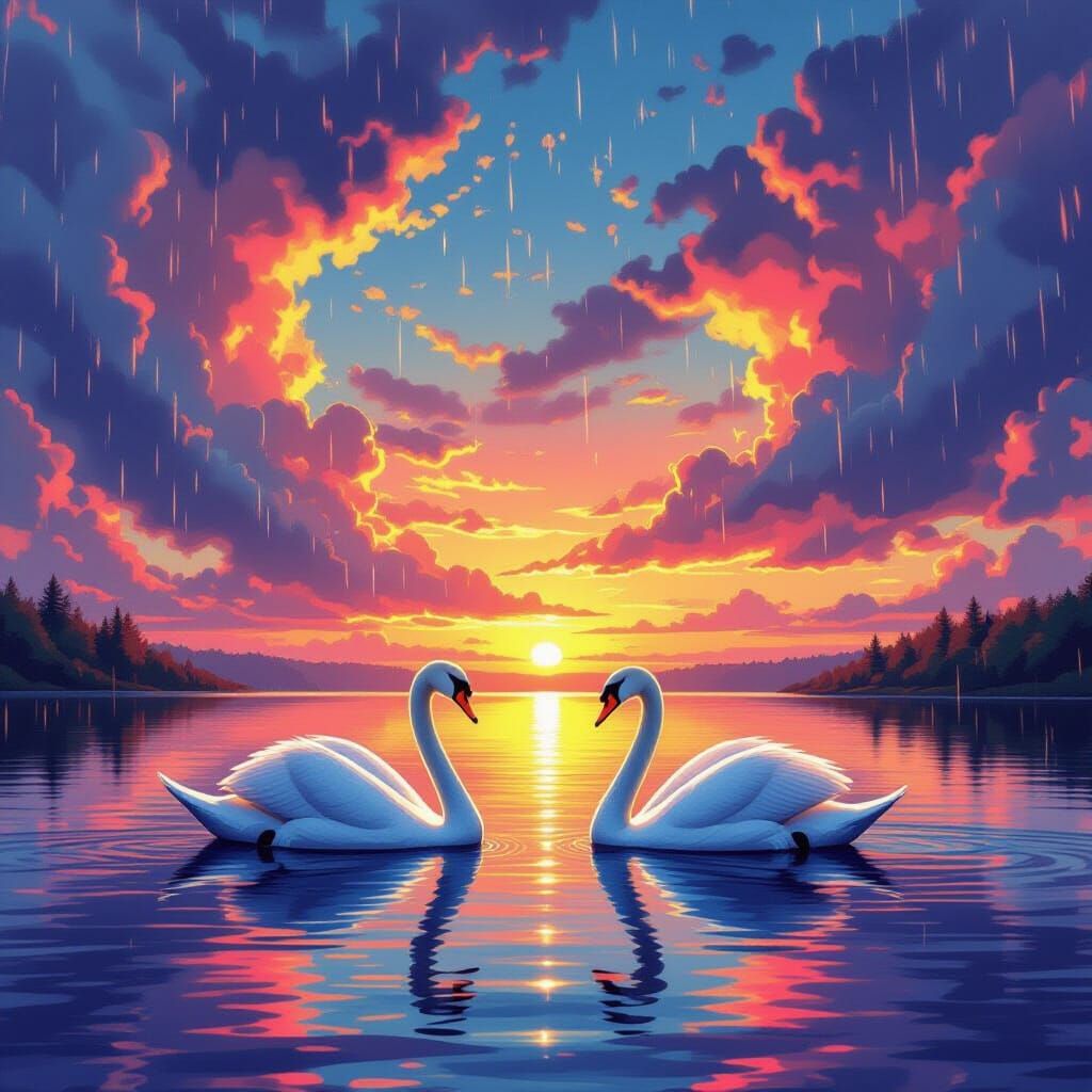 Swans on Lake at Sunset: Matte Painting Style