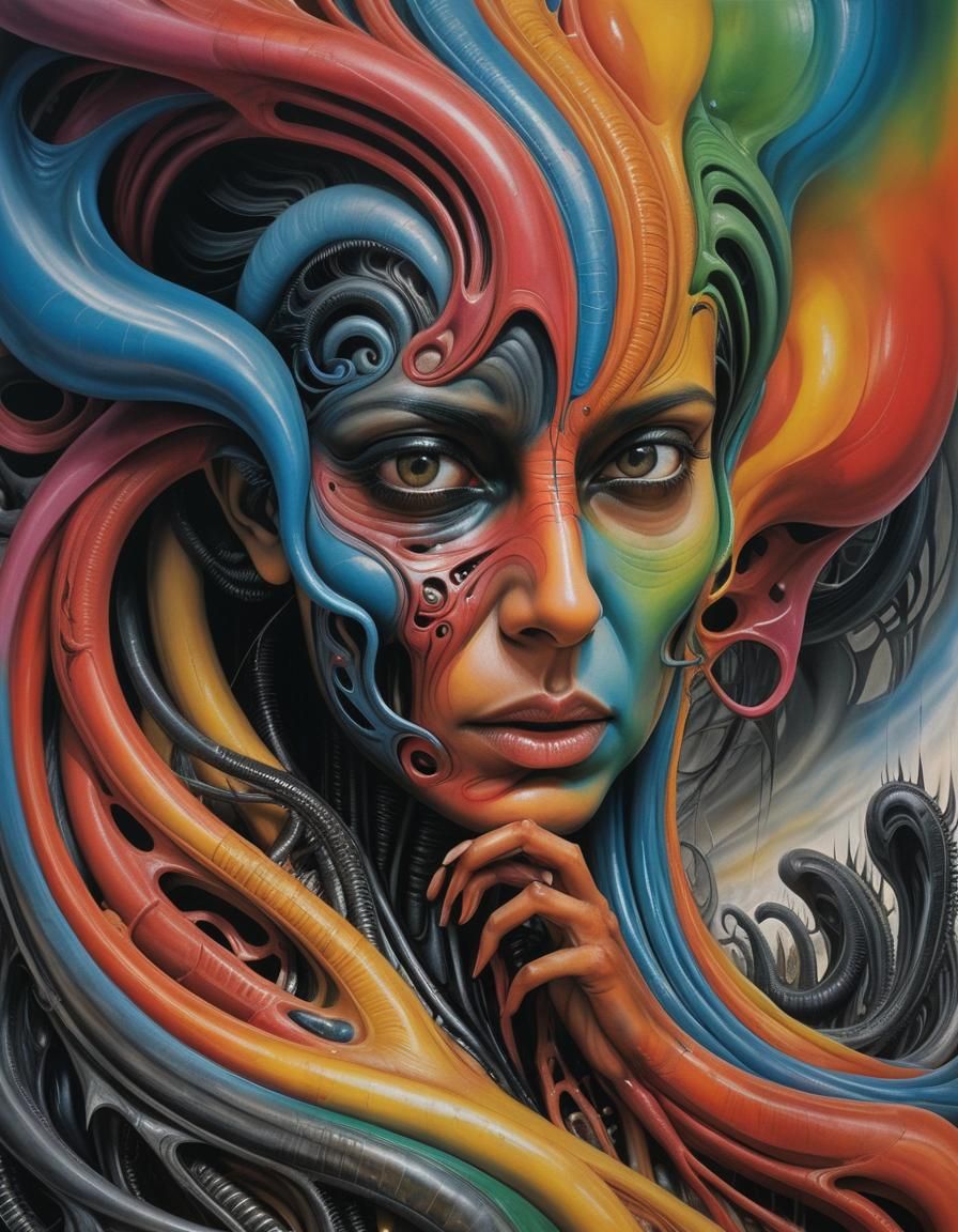 The woman is surrounded by swirling colors