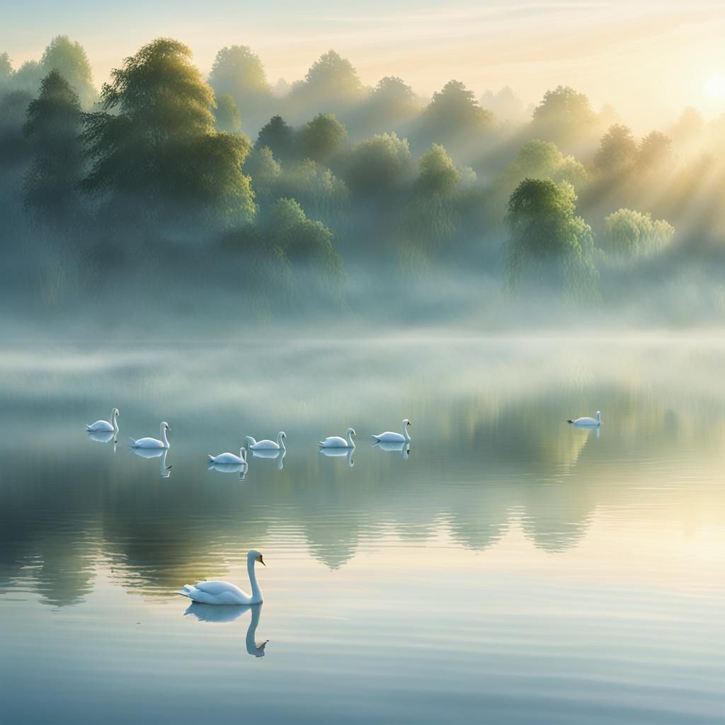 Dawn Over Tranquil Lake with Swans: Digital Matte Painting
