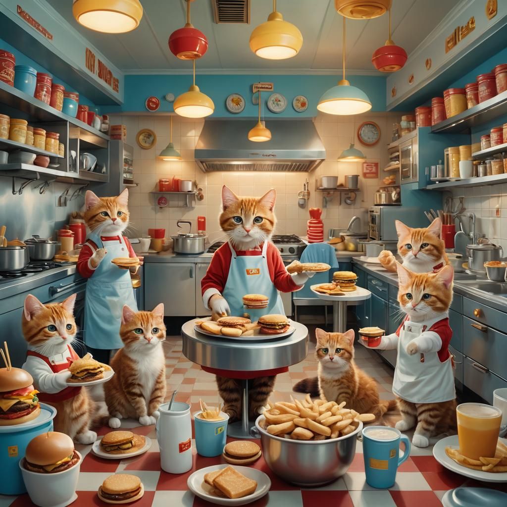 Kittens Serve Cheeseburgers in Wes Anderson Style